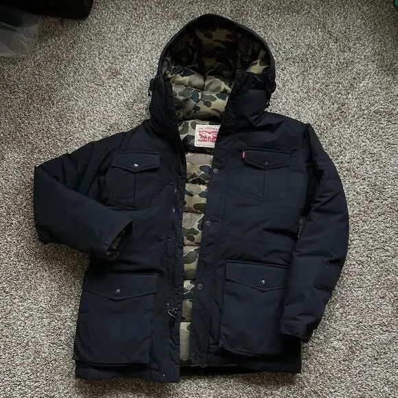 Rare 00s Levi’s Black Camo Insulated Down Puffer Jacket Parka Coat - Picture 4 of 8